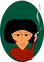 A sad woman smoking cigarette is disturbed about something vector color drawing or illustration
