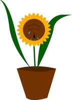 Emoji of a sunflower pot plant with two long leaves shedding tears vector color drawing or illustration