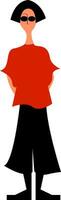 A girl standing in her black pant and stylist red t-shirt costume has tucked her hands in pockets vector color drawing or illustration