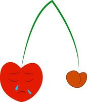 A sad red cherry fruit with a long green stem vector color drawing or illustration