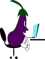 A cute eggplant emoji working in front of a blue computer screen vector color drawing or illustration