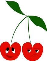 Two cherry fruits emoji in a single bunch expressing sadness vector color drawing or illustration