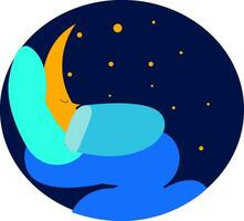 clipart de un Luna dormido en un cama azul debajo el cielo azul vector color dibujo o ilustración