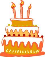 Clipart of a beautiful three-layered birthday cake with three glowing candles for celebration vector color drawing or illustration