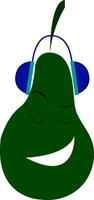 A happy green pear listening to music from its headphones vector color drawing or illustration