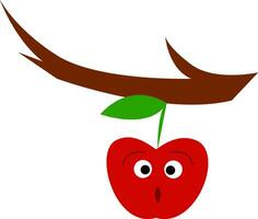 A surprised red apple is hanging from the branch vector color drawing or illustration