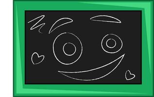 A blackboard with chalk pencil drawings of smiley face emoji and few other patterns like heart-shape vector color drawing or illustration