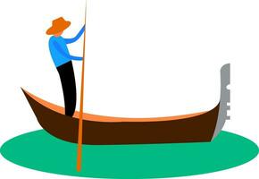 A man propelling a small narrow boat known as gondola vector color drawing or illustration