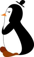 An angry penguin wearing a black hat is standing with the hands folded to its front vector color drawing or illustration