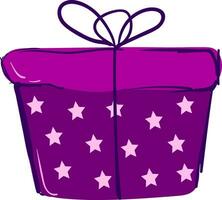 A present box wrapped in bright purple and white-star design decorative paper tied with ribbon and topped with decorative bow works especially well for gifts vector color drawing or illustration