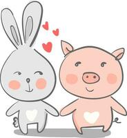 A hare and pig walking together holding earth others hands symbolizes love vector color drawing or illustration