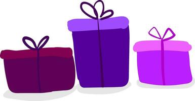 Three colorful present boxes of different colors and shapes tied with ribbons and topped with decorative bow works especially well for gifts vector color drawing or illustration