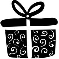 A present box wrapped in beautiful black and white decorative paper tied with white ribbon and topped with decorative bow works especially well for gifts vector color drawing or illustration