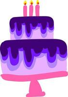 Painting of a pink and purple fondant cake with glowing candles mounted on a stand vector color drawing or illustration