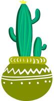 Cactus plants with yellow flower at its top used for decoration is planted in a round shape earthen pot vector color drawing or illustration