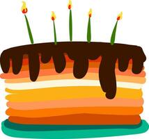 A cake with colorful layers chocolate topping and glowing candles vector color drawing or illustration