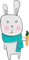 A cartoon hare dressed in blue scarf holds a carrot and expresses sadness vector color drawing or illustration