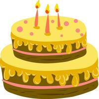 A chocolate cake with two layers yellow icing and glowing candles vector color drawing or illustration