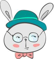 A hare disguised as a gentleman is wearing a blue cap round eyeglass and a pink bow tie expressing that he is unpleasant about something happened vector color drawing or illustration