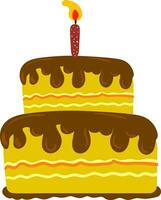 A beautiful painting of two-layer yellow cake with chocolate toppings and a single glowing candle vector color drawing or illustration