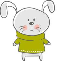 A cartoon grey hare in its winter clothes by wearing a green high neck sweater vector color drawing or illustration