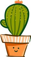 A lively cactus plant with a flower at its top appears in a smiley drawn earthen flower pot vector color drawing or illustration