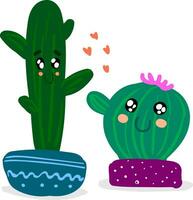 dos cactus plantas emoji expresando contento estados de ánimo Aparecer en un rojo corazón forma antecedentes simboliza amor vector color dibujo o ilustración