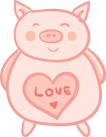 Piglet toy with red heart and love message vector or color illustration