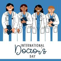 internacional día de doctores día festivo, saludos, texto. caracteres de diferente nacionalidades, diversidad. doctores con estetoscopios tarjeta postal en un plano diseño. contento del doctor día vector en azul sombras