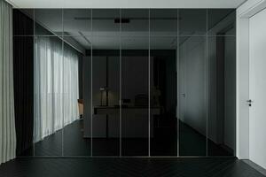 Interior with black glass door wardrobe in the bedroom. photo