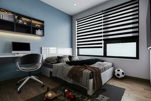 Modern contemporary child room interior with bed, a built-in bookcase next to it, a computer desk, and a big window. photo