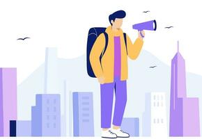 Young man with a loudspeaker against the background of the city. Flat vector illustration.