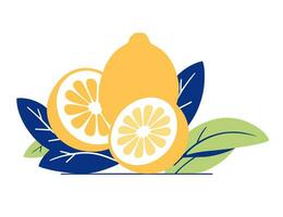 Lemon fruits and leaves, flat vector illustration.