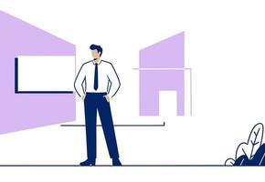 Man holding his hands in his trouser pockets, in abstract interior. Flat vector illustration.