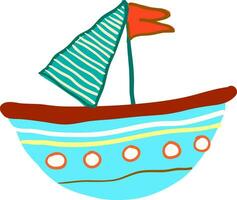 Blue small boat with red flag vector or color illustration