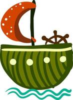 Green round boat with red polka dot sail vector or color illustration
