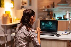 Access granted for woman hacker after cyber attack. Programmer writing a dangerous malware for cyber attacks using performance laptop during midnight. photo