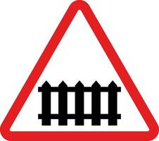 Rail road crossing sign with a barrier . Warning traffic Sign . Vector