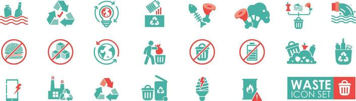 Set of waste icons. Garbage disposal. Trash separation, and waste sorting with further recycling. vector illustration. Solid icon style.