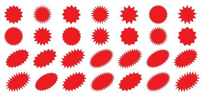 Starburst red sticker set - collection of special offer sale round and oval sunburst labels and buttons isolated on white background. Stickers and badges with star edges for promo advertising. vector