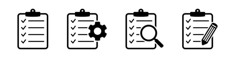 Clipboard icon. Checklist with gear, checkmarks, magnifier and pencil. Vector illustration.