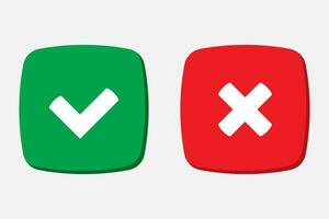 Green tick and red cross checkmarks in flat icons. Yes or no symbol, approved or rejected icon for user interface. vector