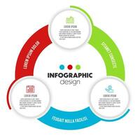 Vector round pie chart divided into 3 colorful parts. Concept startup development strategy. Simple flat infographic for business information visualization.