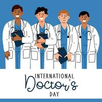 International Day of Doctors. Holiday, greetings, text. Characters of different nationalities, diversity. Men with stethoscopes in blue. A postcard in a flat design. Happy Doctor's Day. Vector