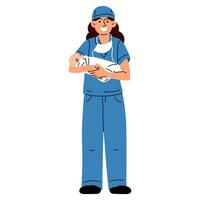 Partera, médico con el concepto de un recién nacido. un mujer enfermero, médico o Partera sonrisas en un azul uniforme, en pie alto, participación un recién nacido bebé en su brazos en un maternidad hospital vector ilustración