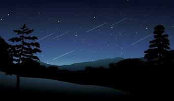 Night scene landscape with meteor showers and stars vector