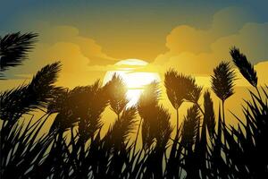 Reeds silhouette at sunset vector