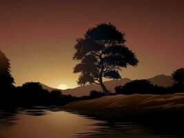 Sunset in riverside with big tree vector