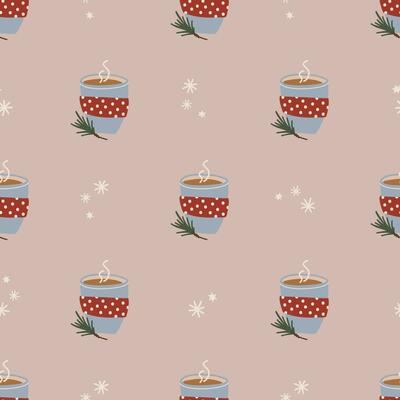 Simple seamless pattern with hot chocolate cup. Christmas and New Year concept. Hand drawn retro vintage vector texture for wallpaper, prints, wrapping, textile
