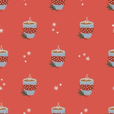Simple seamless pattern with hot chocolate cup. Christmas and New Year concept. Hand drawn retro vintage vector texture for wallpaper, prints, wrapping, textile